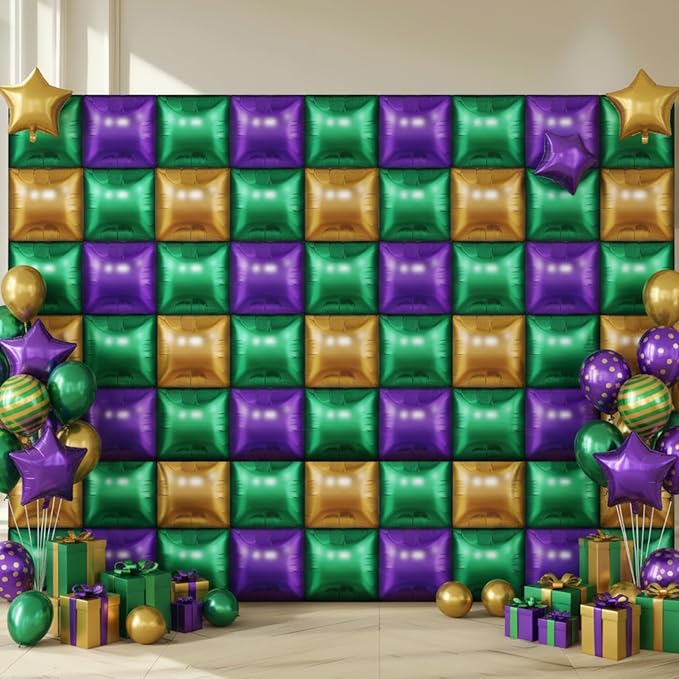 50 Pcs Mardi Gras Party Decor Double Sided Square Foil Balloons Wall Backdrop 19'' Purple Green Gold Foil Balloon Tunnel Arch Garland Kit for Fat Tuesday New Orleans Carnival Masquerade Party