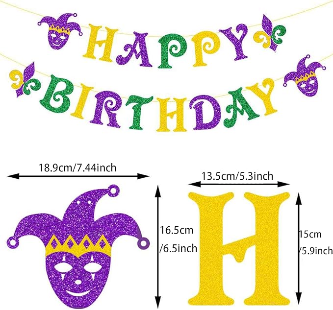 Zwiebeco Green Purple Gold Happy Birthday Banner Circle Dots Irises Bunting Garland Hanging Paper Party Decorations for Boys Girls Mens Womens Adults Mardi Gras Themed Bday Decor Accessories Supplies