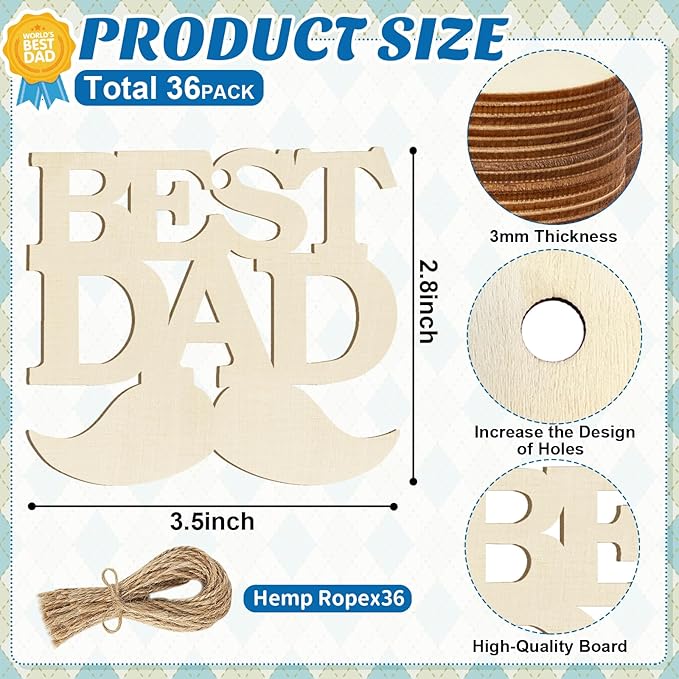 36PCS Wooden Father's Day Ornaments to Paint, 6 Styles Best DAD DIY Blank Unfinished Wood Cutouts Father's Day Gifts Ornament for Crafts Birthday Party Hanging Decorations Daddy