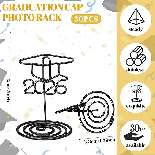 Rtteri 30 Pcs 2026 Grad Cap Graduation Picture Display 2 Inch Black Photo Holders for Centerpieces Graduation Table Number Holders Card Stands for Class of 2026 Grad Party Supplies