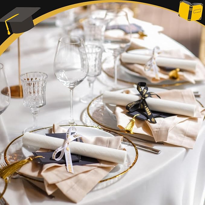 120 Set Congrats Grad Guest Napkins Black and White Rolled Silverware Disposable Grad Award Dinner Napkin with Ribbon and Scissors for Celebration