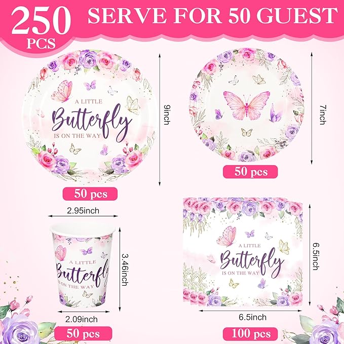 250 Pcs Butterfly Baby Shower Party Tableware Set a Little Butterfly Is on the Way Baby Shower Decorations Pink Purple Floral Paper Plates Napkins and Cups for 50 Guest(Cute Style)