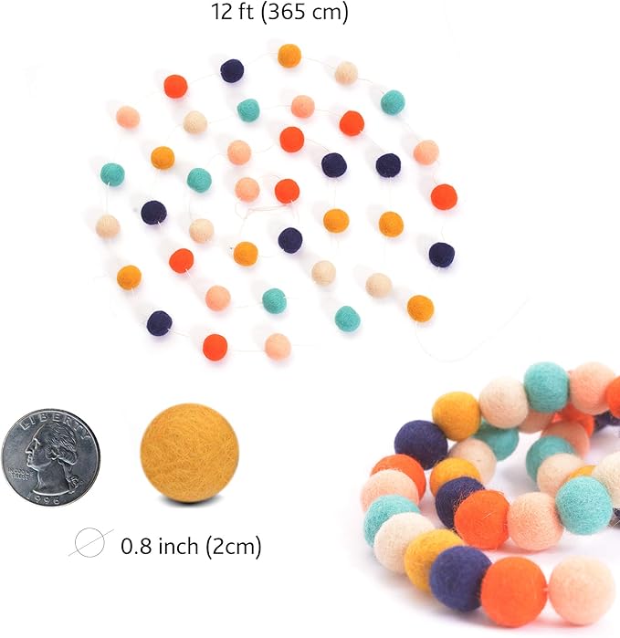 Glaciart One Felt Ball Garland - 12 Feet, 40 Balls, 6 Arizona Colors, Pom Pom Decorations, Nursery Decor, Bunting, Birthday Party, Easter, Photo Prop