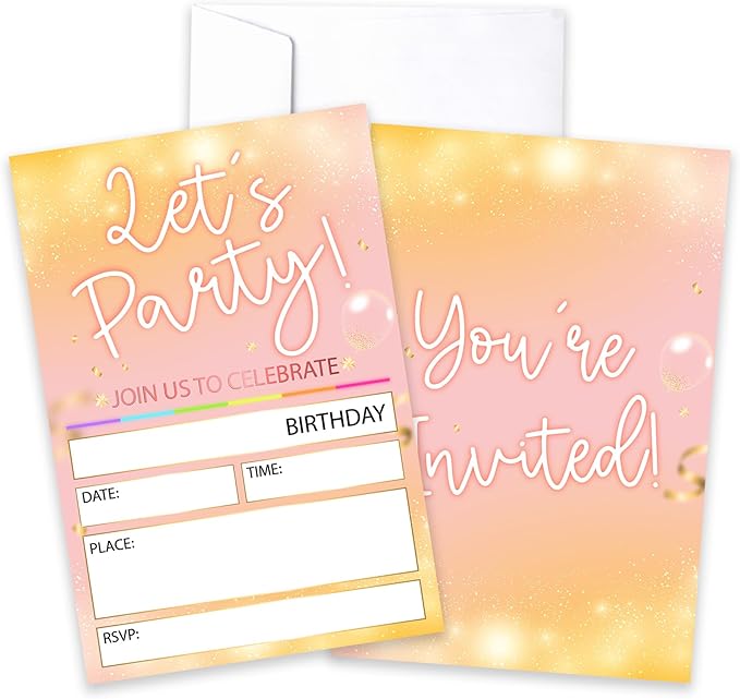CLIRBE Let's Party Birthday Party Invitations, Pink And Rose Invited Birthday Invitations For Teen Boys Girls, 20 Invites Cards With 20 Envelopes, Party Supplies Favors -H14