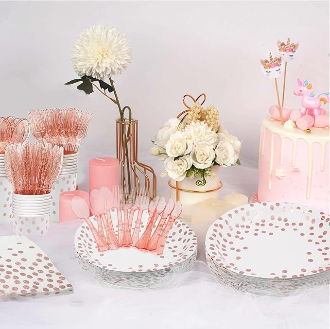 AIRE 350PCS White and Rose Gold Paper Plates Party Supplies for 50 Guests Party Decorations Dinnerware Rose Golden Dot Paper Plates Napkins Cups Gold Plastic Forks Knives Spoons for Wedding Birthday