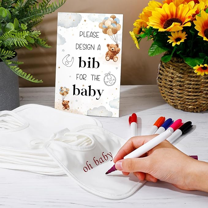 Panitay 43 Pcs Baby Shower Games White Bibs Design, Include Wooden Baby Shower Game Sign, 30 DIY Blank White Bibs, 12 Markers for Gender Reveal Party Decorating Supplies(Bear)