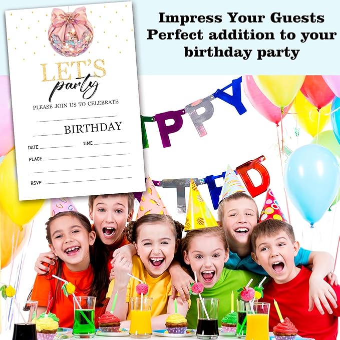 Sweet Pink Disco Birthday Invitation Cards For Girls Adult Teens, Let's Party Supplies Favors, 20 Fill-In Invitation Cards with Envelopes -04