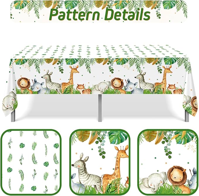 Staraise Jungle Safari Tablecloths,3Pcs Wild Animal Table Cover for Safari Baby Shower Decorations,Boys and Girl Birthday Party Sage Green Theme Party Supplies