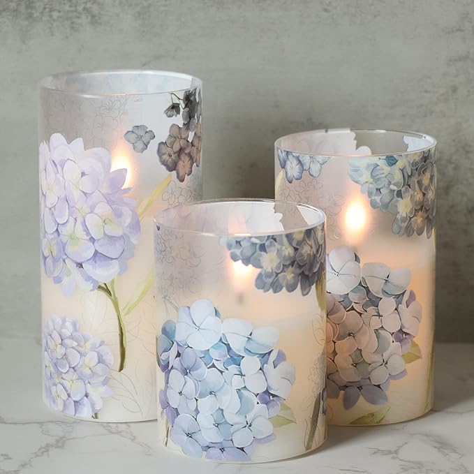 Hydrangeas Decals Glass Flameless Candles with Remote Timer, Battery Led Pillar Candles Flickering Real Wax Pack of 3 for Mother's Day Gift, Spring Dinner Home Decor, Φ 3" H 4" 5" 6"