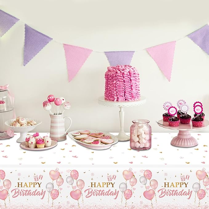3 Pieces Pink Rose Gold Tablecloth for Rose Gold Birthday Decoration Plastic Disposable Party Table Covers for Rectangle Tables Girl Women Parties Happy Birthday Wedding Party Favors, 54 x 108 Inches