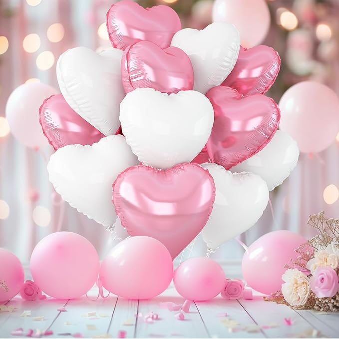 Pink White Heart Balloons,12Pcs Light Pink Heart Shaped Foil Balloons,18Inch White Helium Polyester Film Balloon for Baby Shower Birthday Anniversary Wedding Party Decorations
