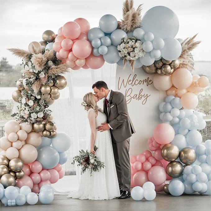 Baby Pink Blue Gender Reveal Balloon Garland Arch Kit, 120pcs Dusty Blue Pink Cream and Pastel Gold Balloons for Boho Neutral Oh Baby Shower Birthday Decor Gender Reveal Party Decorations Supplies