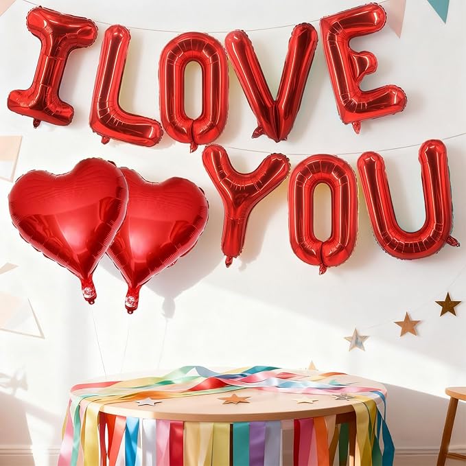 Valentines Day Balloons Decorations Red 10 Pcs 16 Inch - "I Love You" Letter + Heart Balloons with Tape Straws Ribbon for Romantic Party Proposal Wedding Bedroom Valentines Day Decor