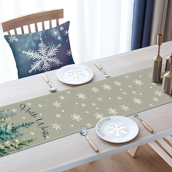 Hello Winter Pine Tree Grey Dining Table Runner, Watercolor Snowflake Burlap Kitchen Decoration, Farmhouse Christmas Indoor Outdoor Home Decor Party Supply 13 x 72 Inches