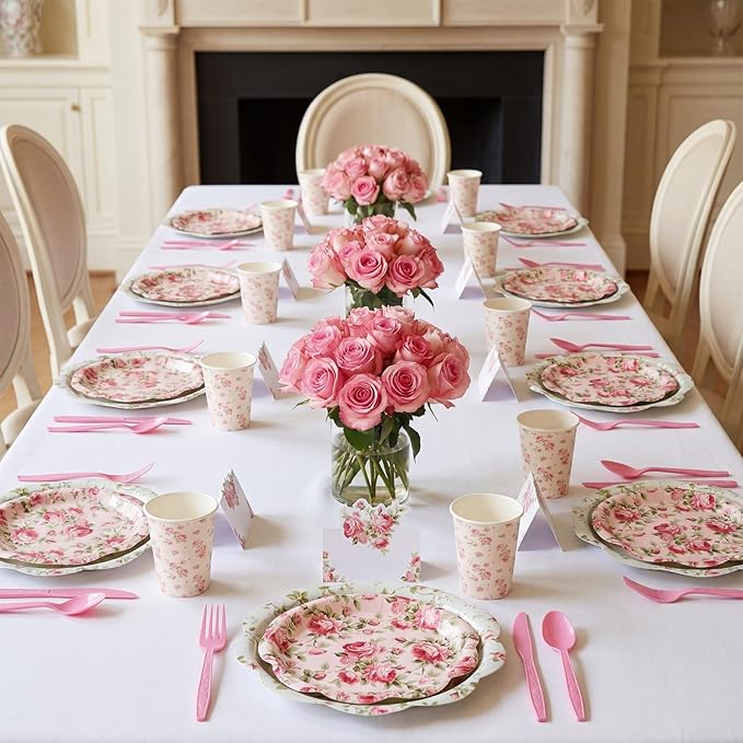 Shellwei 410 Pcs Pink Rose Tea Party Decorations Elegant Floral Paper Plates and Napkins Set Disposable Party Tableware Sets with Cups Knives Forks Spoons Seat Card Favors for 50 Guests