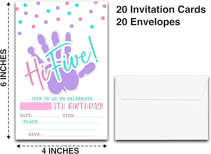 DETIHO 4" x 6" Hi Five Birthday Party Invitation Cards With Envelopes - Five Years Old Party - 5th Birthday Party Invitation - 20 Sets - E08