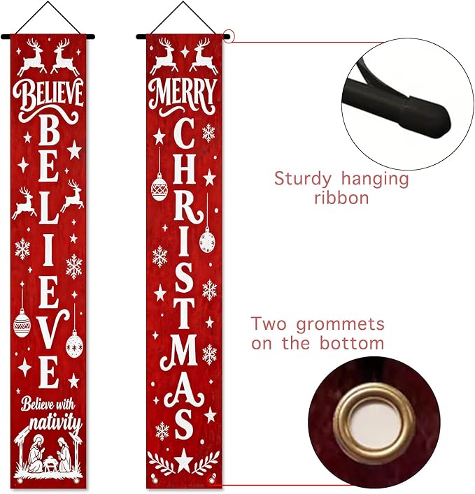 Nuxovilar Believe Merry Christmas Ornament Decor Polyester Banner 12x70.86 Inches Christmas Door Banner, Inspirational Decor for Church, Lounge, Festive Gatherings
