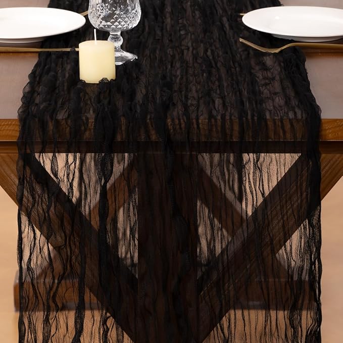 Socomi Black Cheesecloth Table Runner Tulle Gauze Cheese clothBoho Rustic 120 inch 10FT Runner for Wedding Party Baby Shower Birthday Holiday Decorations 3pcs