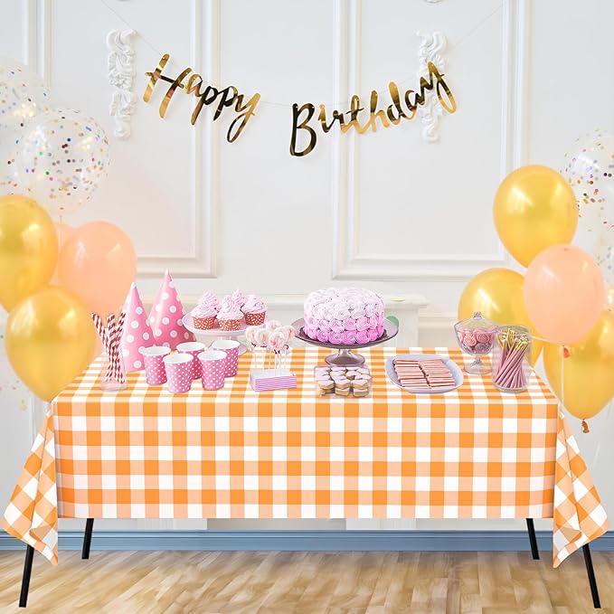 WNINK 4 Pack Orange and White Checkered Rectangular Plastic Tablecloths, Orange Gingham Waterproof Disposable Table Covers 54" x 108" for Birthday, Wedding, Outdoor Picnic Camping Parties