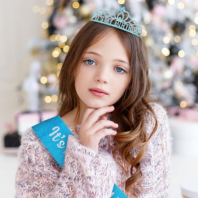 CAVETEE Birthday Crowns for Women - Its My Birthday Sash and Crown Set for Adult Women - Party Decorations and Gifts (Blue)