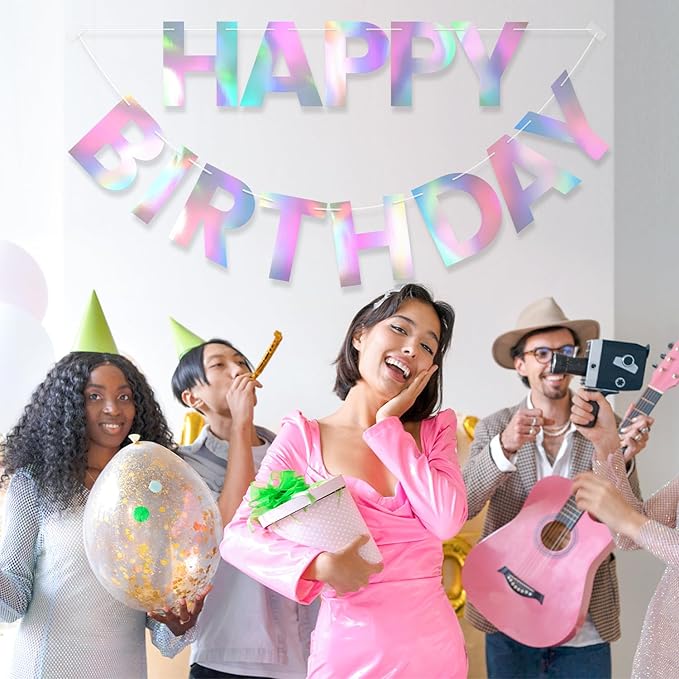 Happy Birthday Banner - 9ft Pre-Strung Happy Birthday Sign for Women, Men, Girls, Boys - No DIY Birthday Decorations & Party Supplies(Iridescent)