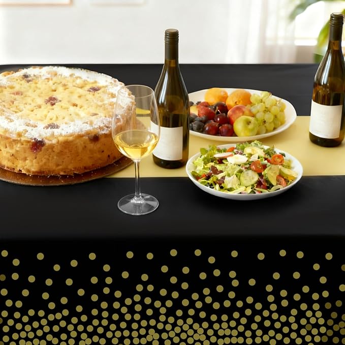 12 Pack Plastic Tablecloths for Rectangle Tables, Black and Gold Waterproof Disposable Party Table Cloths, Table Covers for Decorations, Graduation, Birthday, Cocktail Party, 54" x 108"