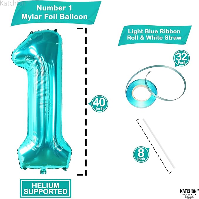 KatchOn, Giant Blue Teal Number 1 Balloon Number - 40 Inch | Mylar Foil Number 1 Balloons Happy Birthday Decorations Teal | Number Balloons For 1st Anniversary Decorations | 1 Foil Balloon