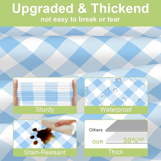 QIKSION Light Blue Gingham Tablecloth Disposable 3 Pack, 54 x 108 Inch Blue and White Checkered Table Cloth for Baby Shower, Easter Decorations, Birthday Party, Rectangle, Plastic Table Cover