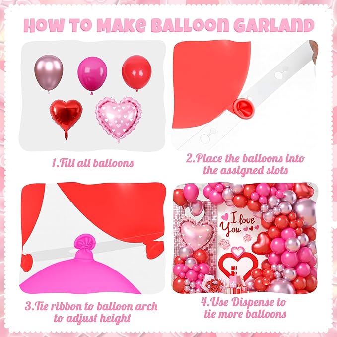 Valentines Day Balloons Arch Kit, Hot Pink Red Metallic Pink Blloons with Heart Foil Balloon for Valentines Day Decorations Wedding Engagement Anniversary Supplies