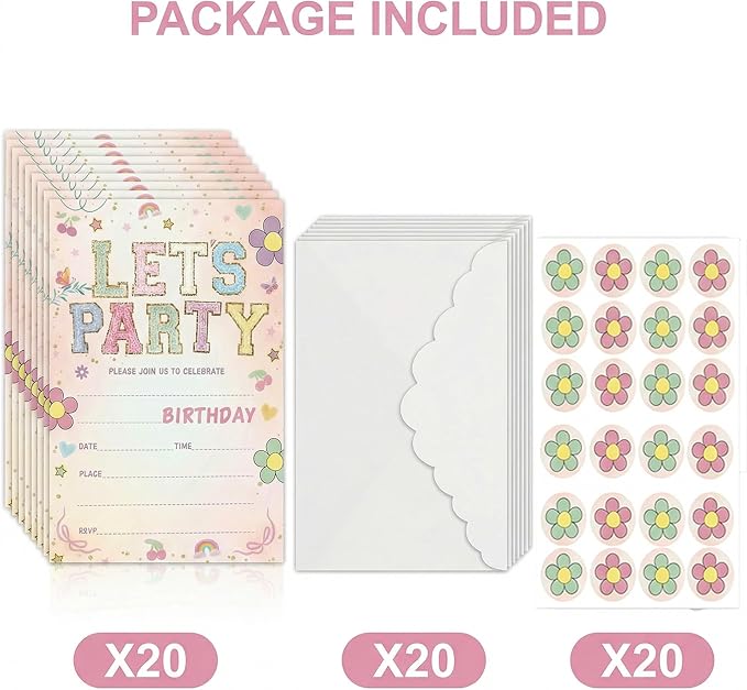 Let's Party! Birthday Invitations - Cute Flower - 20Pcs Double-Sided Fill- In Invitation Cards & Envelopes For Boys, Girls, Birthday Party Favor & Supplies 6 x 4 Inch