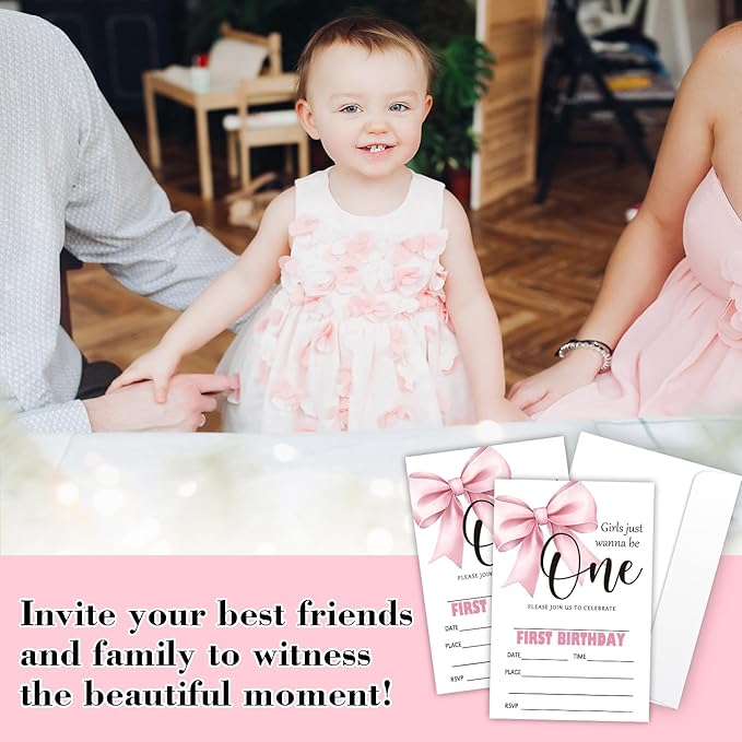 Pink Bow First Birthday Invites Cards Party Invitation Cards for Girls Kids Adults Party Invitations 4x6 Inch Invitations with Envelopes 20 Pcs Double Sided Invitation Card for Girls 1st Birthday YT82