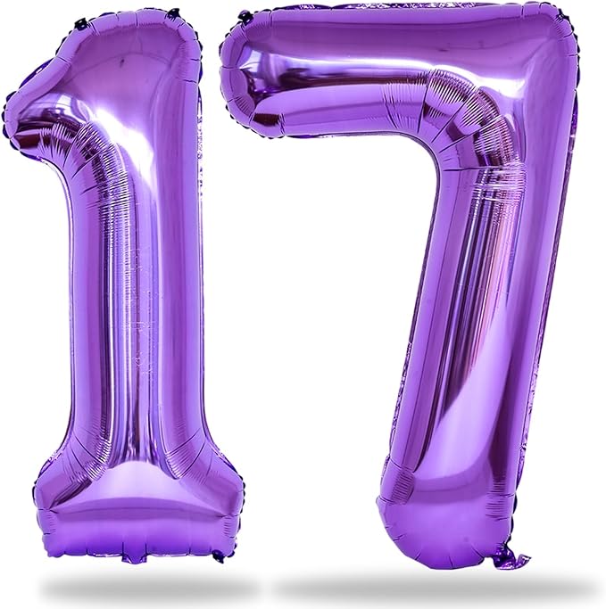 Purple Number 17 Mylar Foil Balloons, 40 Inch Giant Purple 17th Birthday Balloons for Girls, Purple Number 1 & 7 Helium Balloon for Women 17th Anniversary Party Decorations Supplies