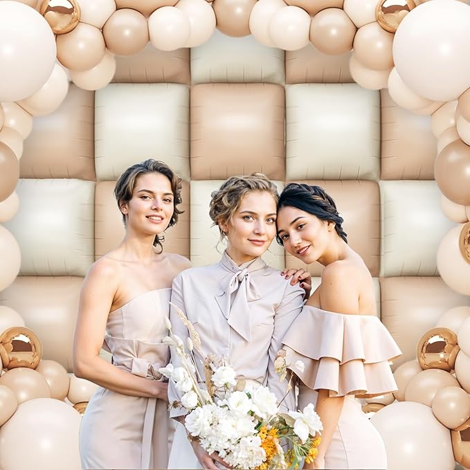 Sand White Brown Square Foil Balloons Wall, 25PCS Double Sided Boho Cream Nude Beige Balloons Tunnel Arch Kit Backdrop for Birthday Neutral Bear Bridal Baby Shower Engagement Party Decorations