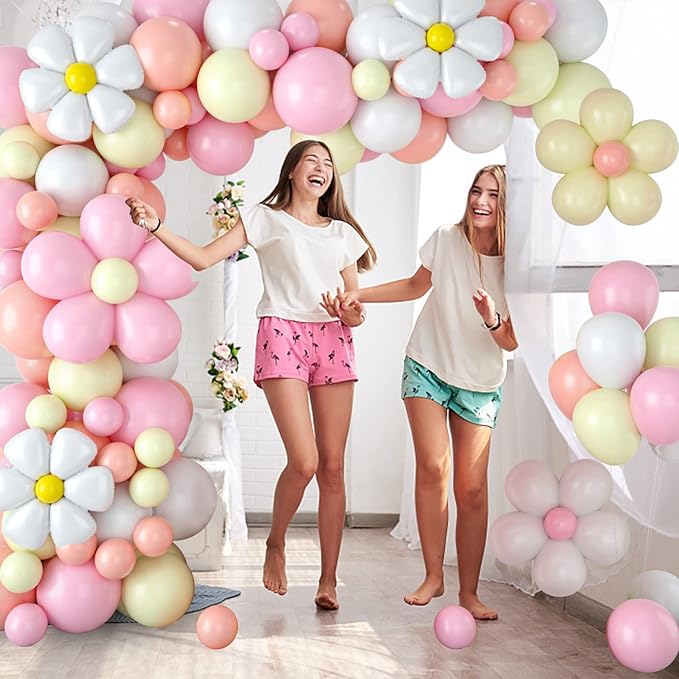 Daisy Balloon Garland Arch Kit,Retro Hippie Boho Pink White Yellow Balloons Garland Daisy Flower Balloons For Birthday Baby Shower Bridal Wedding Groovy Daisy Party Decorations