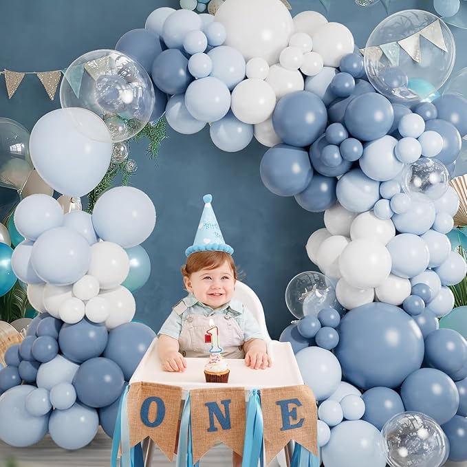 CboDeco Dusty Blue Balloon Garland Arch Kit 140PCS Light Blue White Clear Balloons in 18 12 10 5 Inch for Baby Shower Gender Reveal Bridal Shower Wedding Birthday Party Decorations