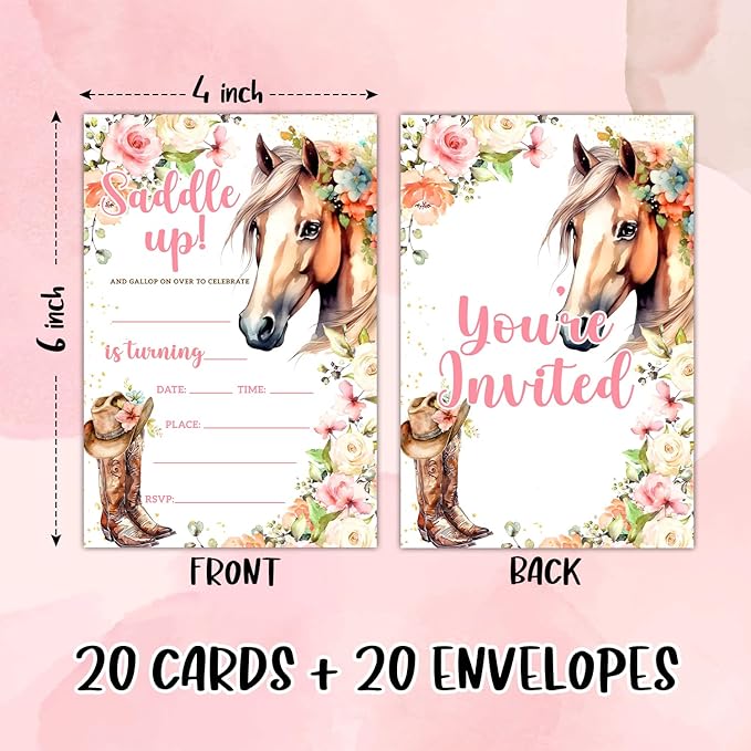 Floral Horse Birthday Party Invitation Cards for Women Girls Kids, Watercolor Cowgirl Birthday Celebration Party Invite Cards Supplies, 20 Double-Sided Fill In Invites With Envelopes -12