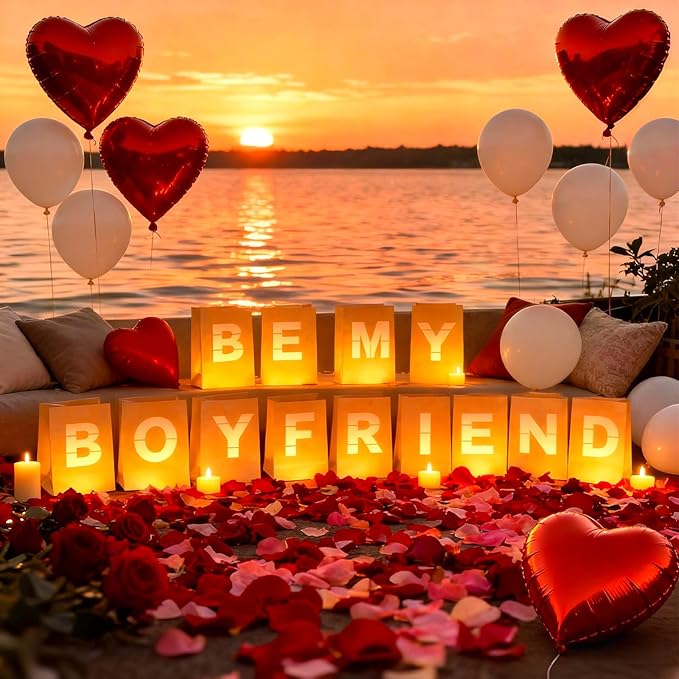 Be My Boyfriend Light Up Letters, Include Light up Letters, with Tea Lights Candles, Latex Balloons, Aluminum Balloons and Rose Petals, Anniversary and Valentines' Day Decorations for Women