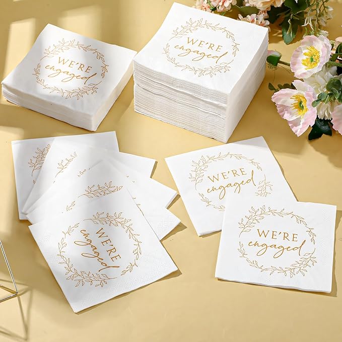 Kosiz 100 Pack We're Engaged Napkins Gift 3 Ply Disposable Paper Engagement Cocktail Napkins for Wedding Party Beverage Dinners Cake Tableware Decorations, 4.5 x 4.5 Inch