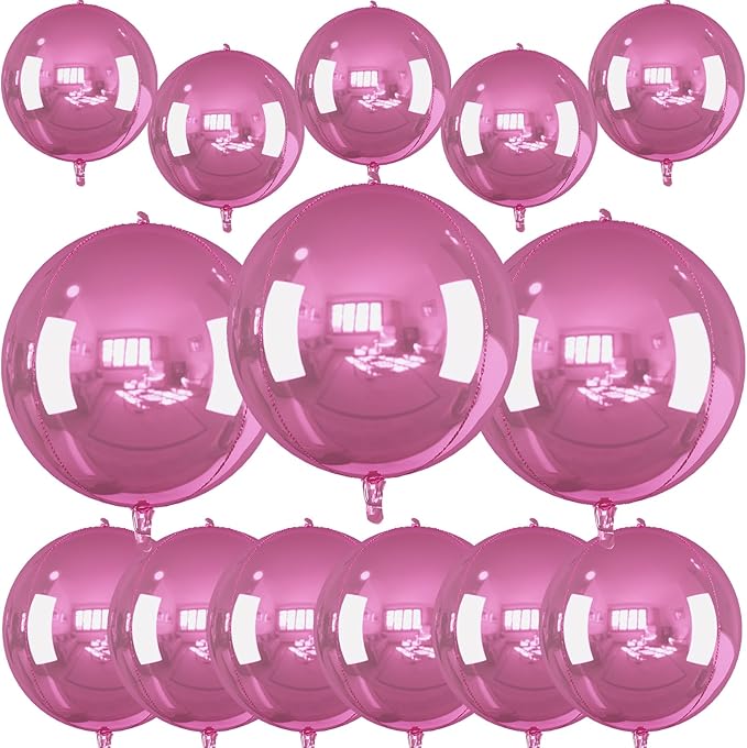 14 Pcs Pink Round Foil Balloons 22/15/10 4D Ball Balloons Light Baby Pink Metallic Balloon Ornament Mylar Balloon Chrome for Birthday Graduation Wedding Anniversary New Year Disco Party Decor
