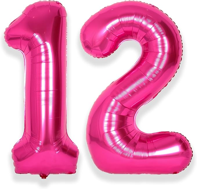 SUWEN 40 Inch Hot Pink Large 12 Number Balloons Big Foil Helium Number Balloons 0-9 Jumbo Happy 12th Mylar Birthday Party Decorations for Girl or Women 21 Anniversary Party Supplies