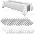 MASHAN 24Pack Disposable Plastic Tablecloths and Satin Table Runner Set White and Silver Dot Tablecloth Silver Satin Table Runner for Wedding Birthday Baby Shower Christmas New Year Party Decorations