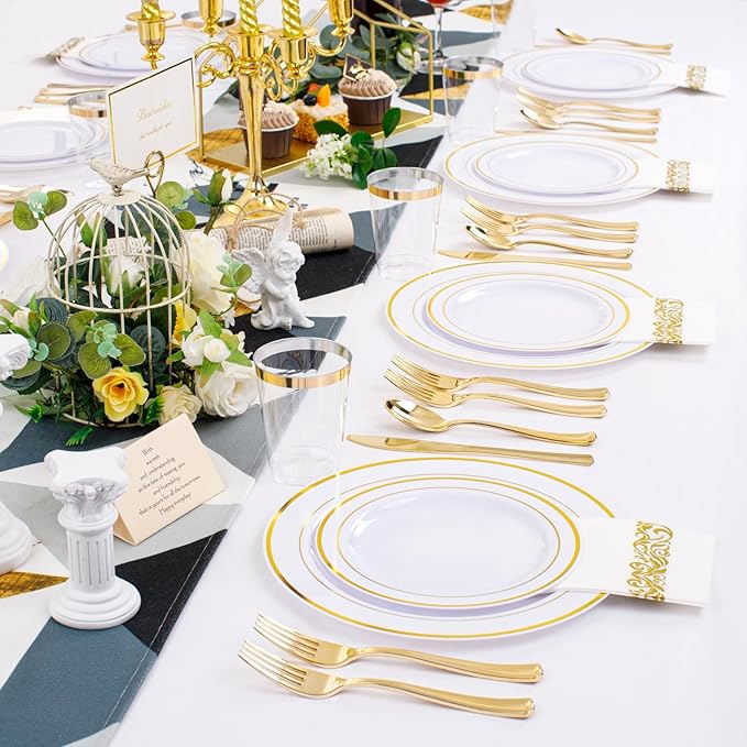 350 Pieces White and Gold Plastic Plates - 50 Guest Dinnerware Set Include 100 Plates, 50 Gold Plastic Silverware, 50 Paper Napkins and 50 Cups for Wedding Baby Shower Spring Birthday