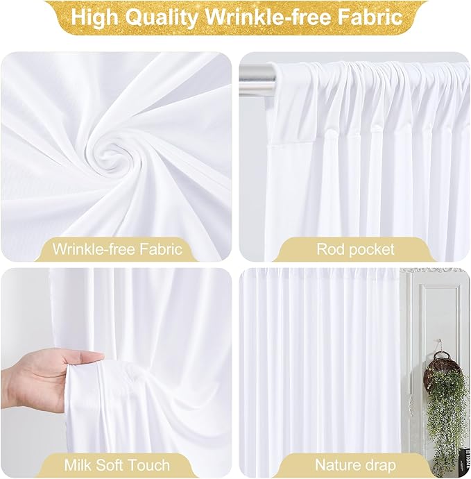 24x10FT White Backdrop Curtains for Wedding Parties, Wrinkle Free Polyester Photography Backdrop Drapes for Wedding Baby Shower Birthday Parties Stage Background Stand Decorations 4x10ft,6 Panels