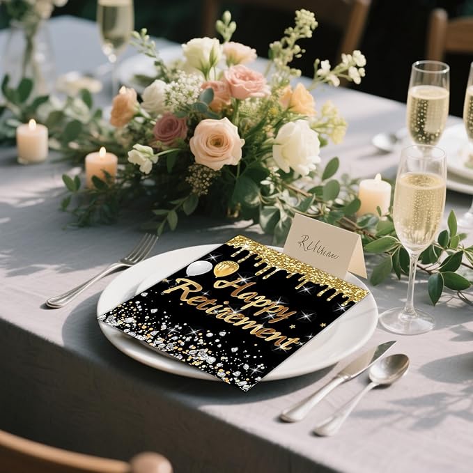50PCS Retirement Party Napkins, Happy Retirement Decorations Cocktail Napkins Black and Gold Teacher Retirement Party Supplies