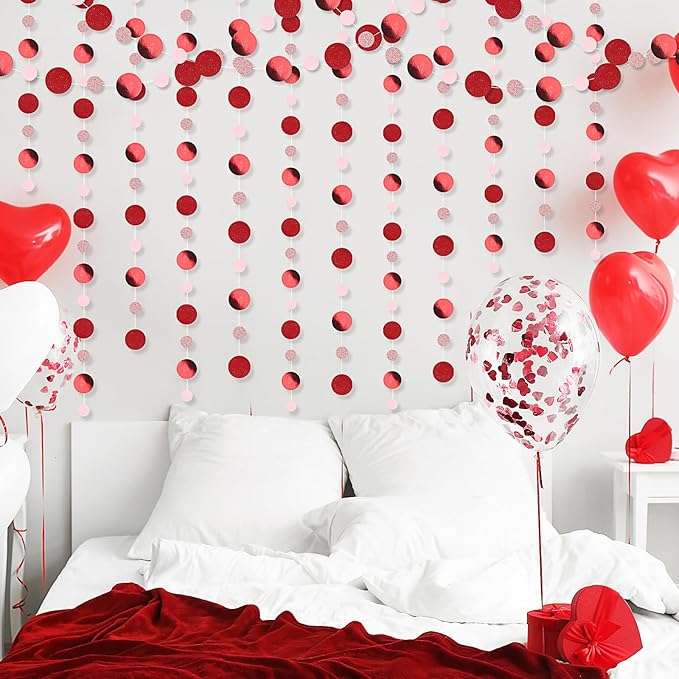 Outus 10 Pieces Red,Pink Round Dots Garland Easter Graduation Party Hanging Decor Each Length 13.1ft Glitter Paper Dot Streamers for Birthday Wedding Classroom