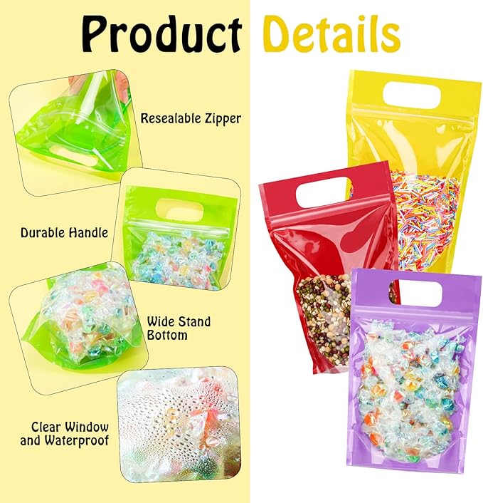 120 Pcs Plastic Gift Bag Bulk 5.5 x 8.7 Inch Resealable Party Goodie Bag with Clear Window Color Favor Pouch with Handle for Home Birthday Wedding Party Candy Gift Wrap Supply(Clear)