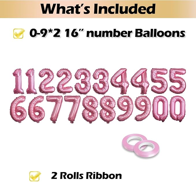[20 Pcs] 16" Pink Foil Number Balloons (2 sets of 0-9) - Mylar Aluminum Hanging Decorations for Graduation, Birthday, Christmas & New Year's Eve Parties