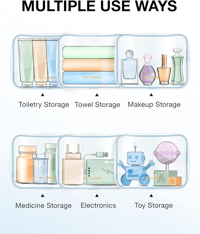 BAGSMART Clear Toiletry Bag, 2 Pack TSA Approved Travel Toiletry bag Carry on Travel Accessories Bag Airport Airline Quart Size Bags Water Repellent Makeup Cosmetic Bag for Women (Blue-2Pcs)