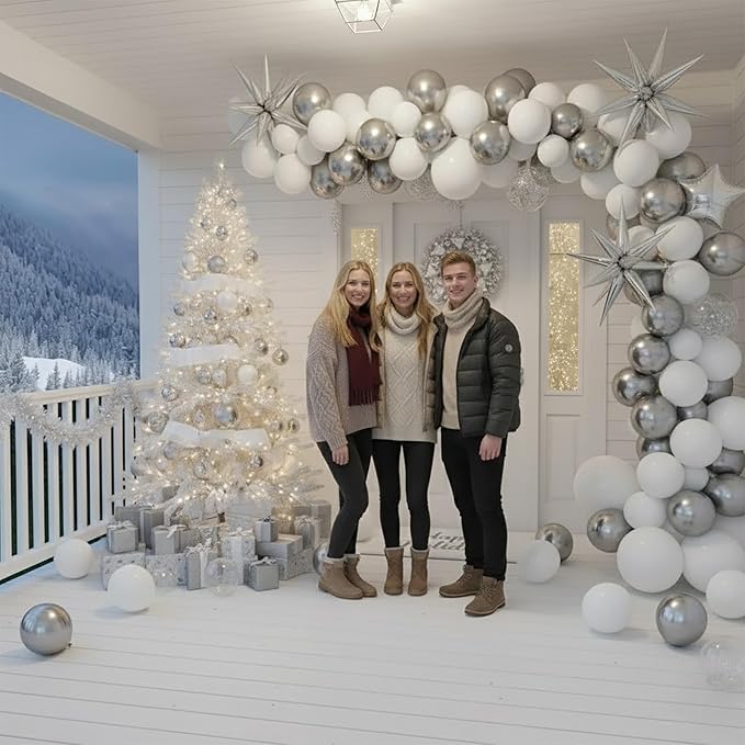 White Winter Wonderland decorations with Pearl White Silver Balloon Garland Arch & Foil Star printed balloons Artificial Snowflakes For winter 1st birthday Christmas new year party decorations