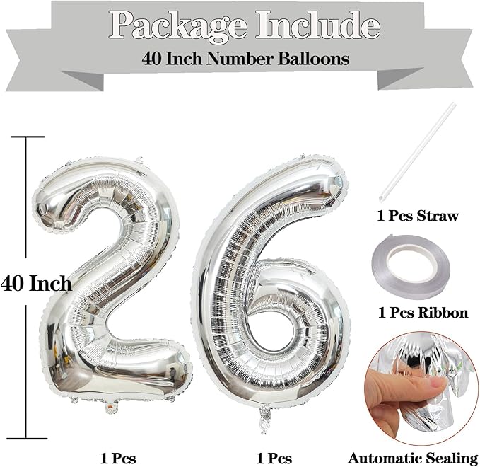 Large Silver 26 Number Balloons, 40 Inch Jumbo Number 26 Balloon, Silver Foil Mylar Balloons for Girl Sweet 26th/62th Birthday Party, Anniversary Decorations